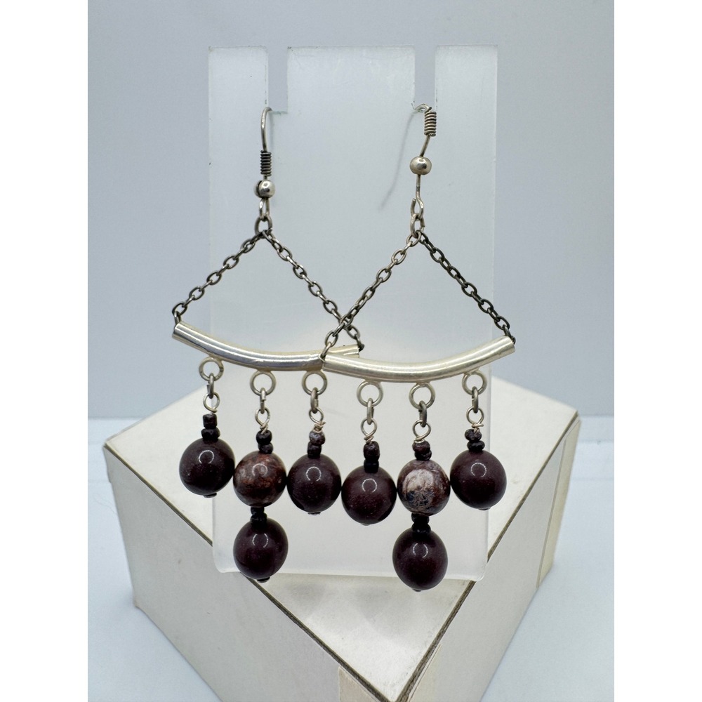 Purple Stone Bead Chandelier Dangle Earrings Silver Tone Boho
